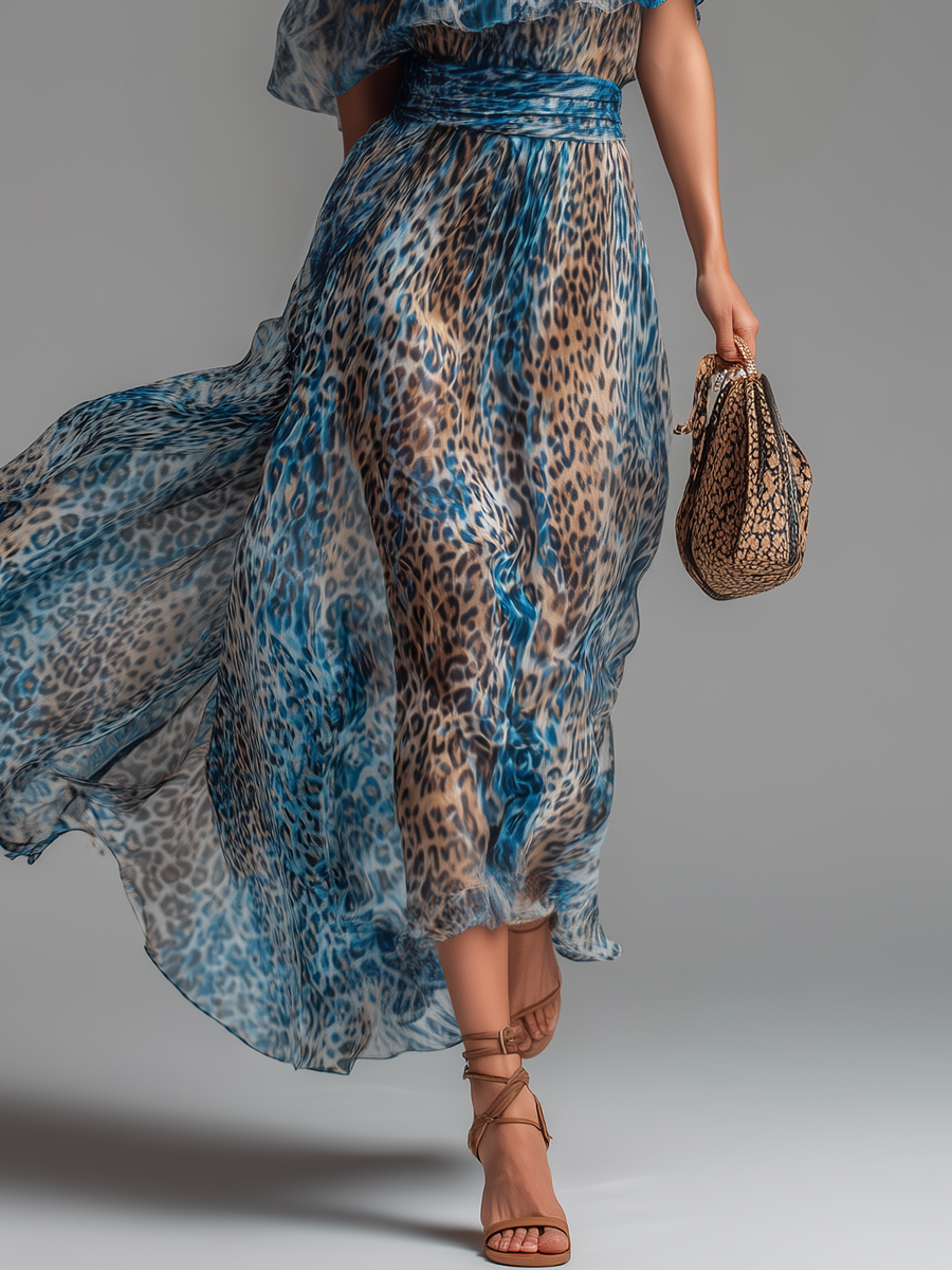 Leo | Off Shoulder Blue Leopard Print Spring Maxi Dress