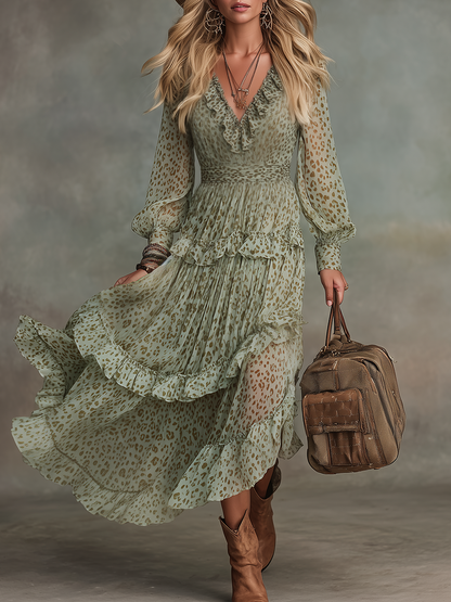 Fauna | Green Leopard Print Ruffle Chiffon Midi Sundress