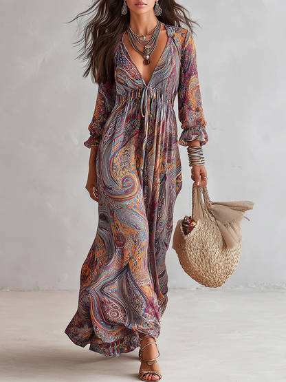 Pailey | Vintage Paisley Print V-Neck Vacation Maxi Dress