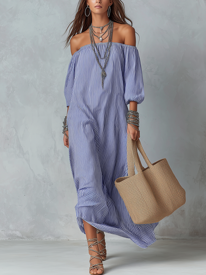 Côte | Blue Striped Off Shoulder Loose Spring Maxi Dress