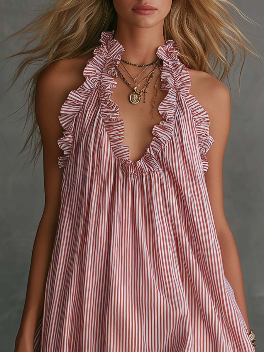 Ruffled V-Neck Striped Mini Spring Sundress