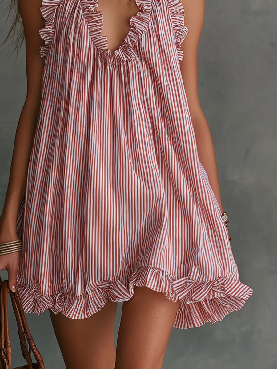 Ruffled V-Neck Striped Mini Spring Sundress