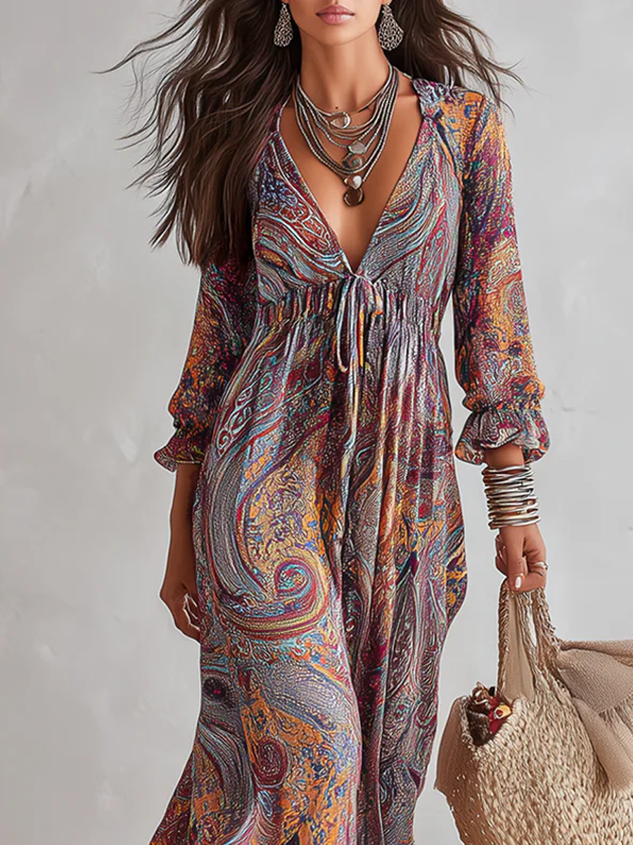 Pailey | Vintage Paisley Print V-Neck Vacation Maxi Dress