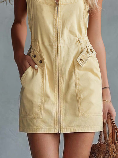 Deny | Square Neck Front Zipper Denim Mini Spring Dress