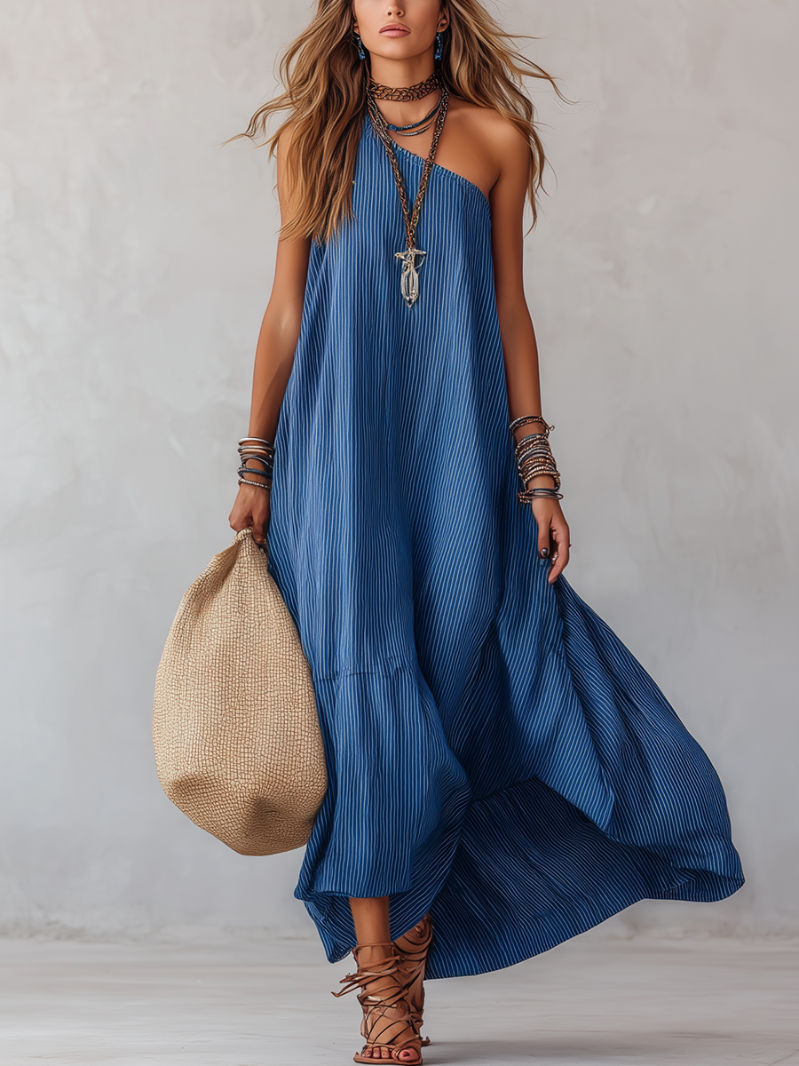 Royal | Blue Striped Off Shoulder Beach Maxi Dress
