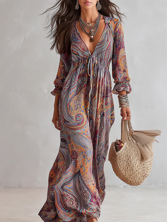 Pailey | Vintage Paisley Print V-Neck Spring Maxi Dress
