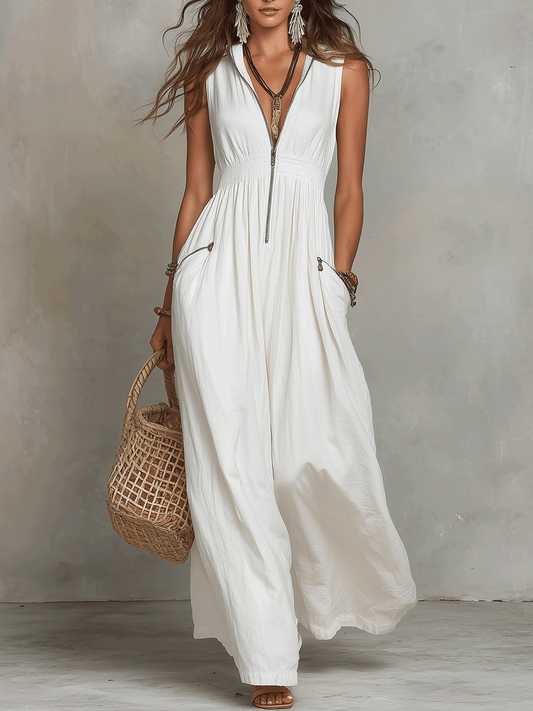 White Zip Front Boho Spring Maxi Dress