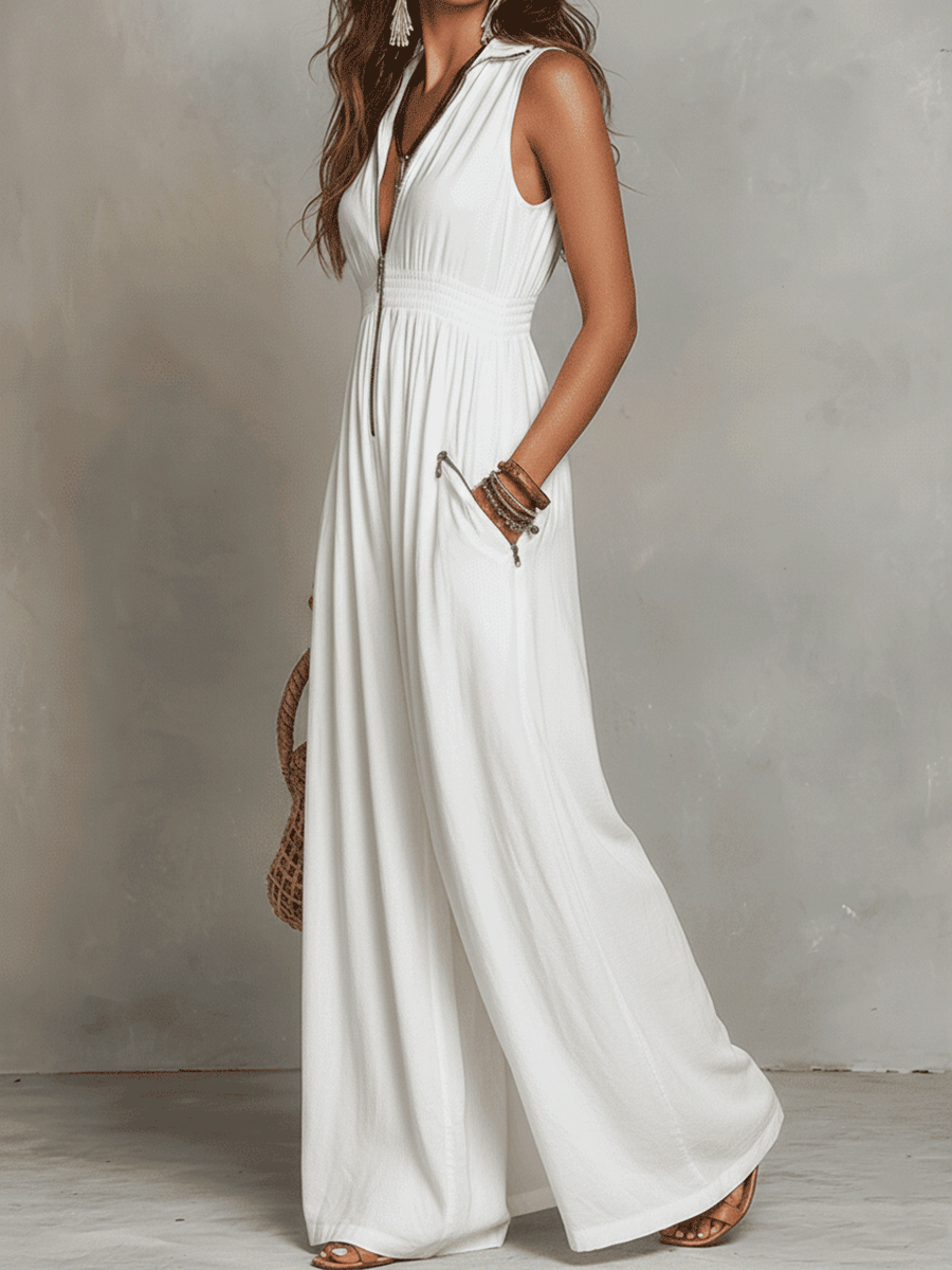 White Zip Front Boho Spring Maxi Dress