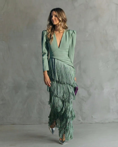 Tiered Fringe Sleeve Summer Wedding Guest Midi Dress
