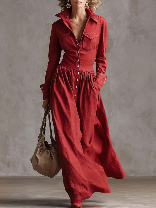 Ranch | Western Lapel Front Button Linen Spring Maxi Dress