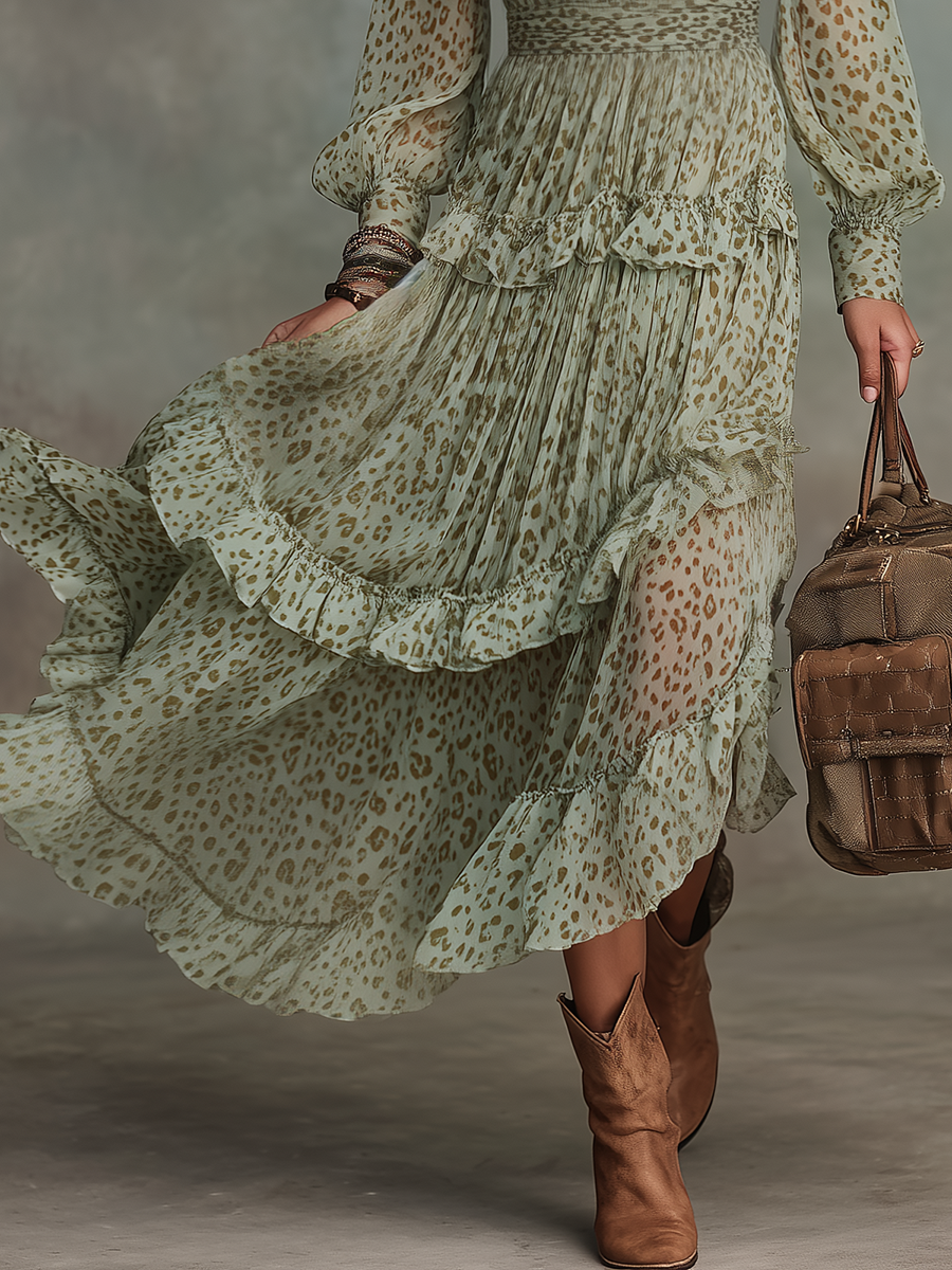 Fauna | Green Leopard Print Ruffle Chiffon Midi Sundress