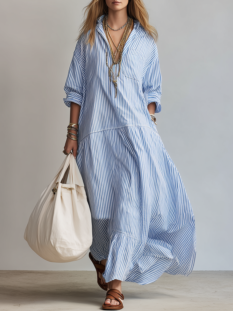 Blue Stripe Relaxed Shirt Vacation Maxi Dress