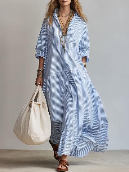 Blue Stripe Relaxed Shirt Vacation Maxi Dress