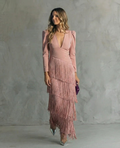 Tiered Fringe Sleeve Summer Wedding Guest Midi Dress