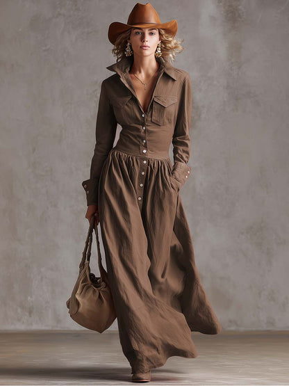 Ranch | Western Lapel Front Button Linen Spring Maxi Dress