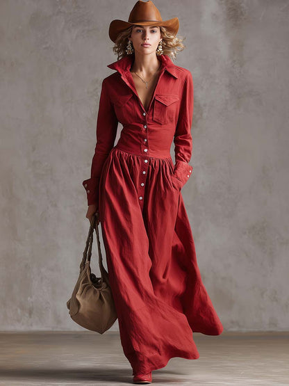 Ranch | Western Lapel Front Button Linen Spring Maxi Dress