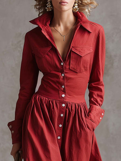 Ranch | Western Lapel Front Button Linen Spring Maxi Dress
