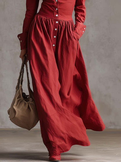 Ranch | Western Lapel Front Button Linen Spring Maxi Dress