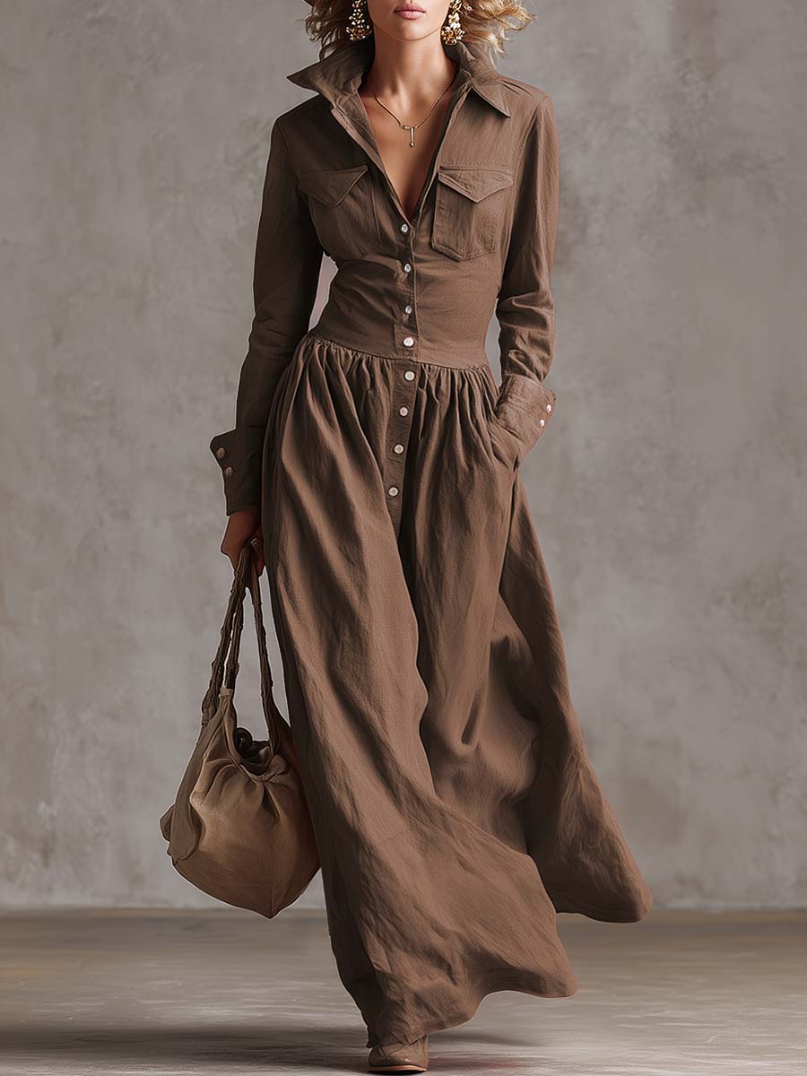 Ranch | Western Lapel Front Button Linen Spring Maxi Dress