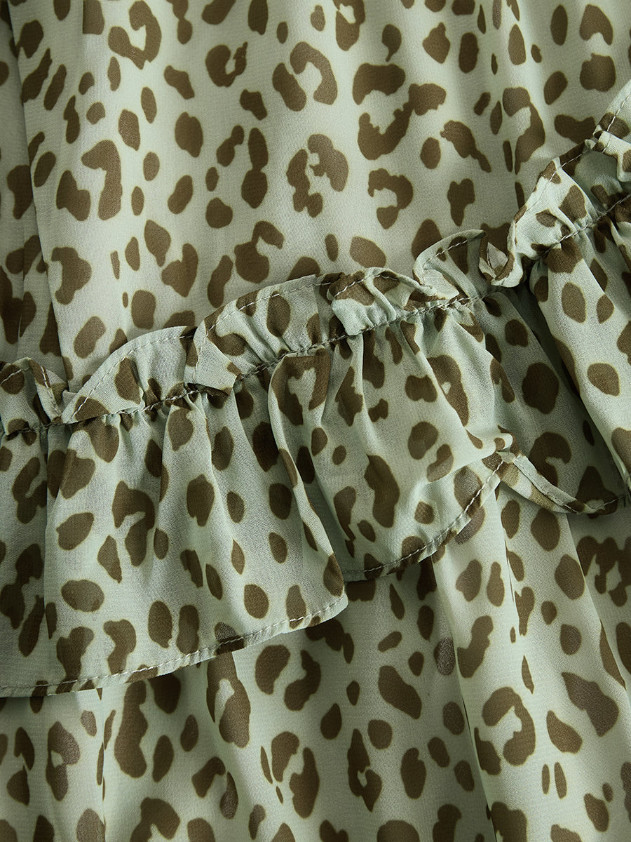 Fauna | Green Leopard Print Ruffle Chiffon Midi Sundress