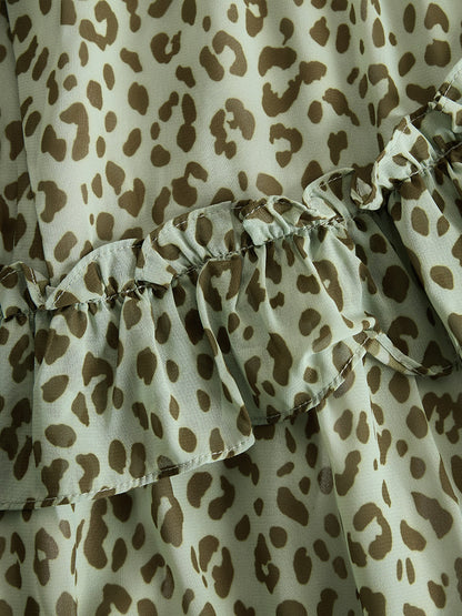 Fauna | Green Leopard Print Ruffle Chiffon Midi Sundress