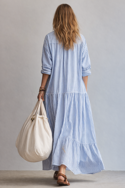 Blue Stripe Relaxed Shirt Vacation Maxi Dress