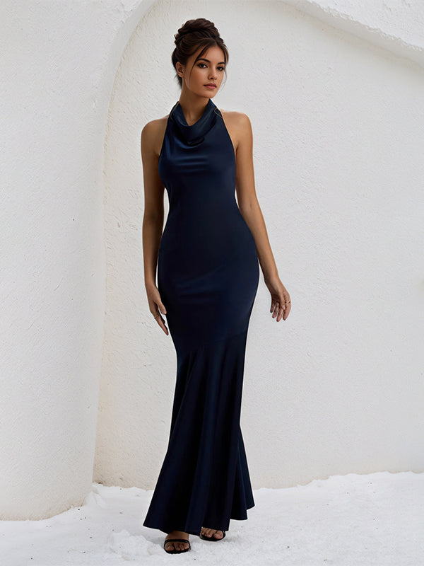 Halter Neck Bow Detail Satin Maxi Formal Bridesmaid Dress