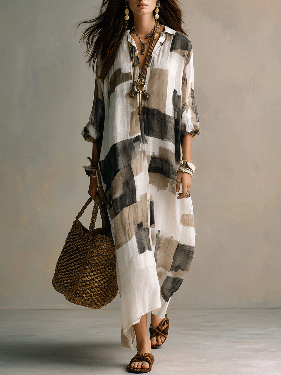 Abstract Print Button Front Boho Spring Maxi Dress