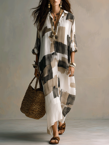 Abstract Print Button Front Boho Spring Maxi Dress