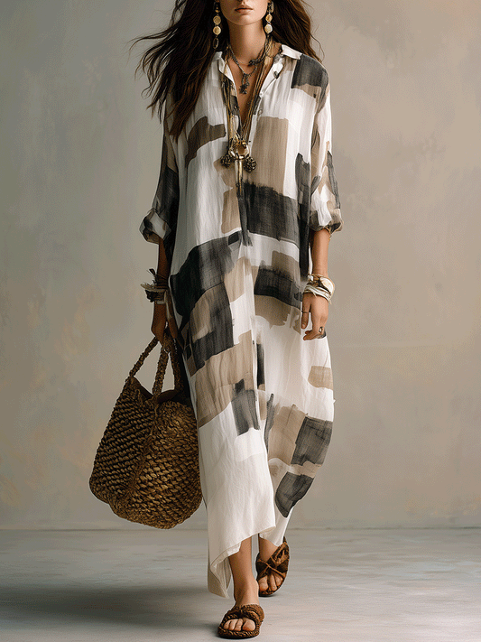 Abstract Print Button Front Boho Spring Maxi Dress