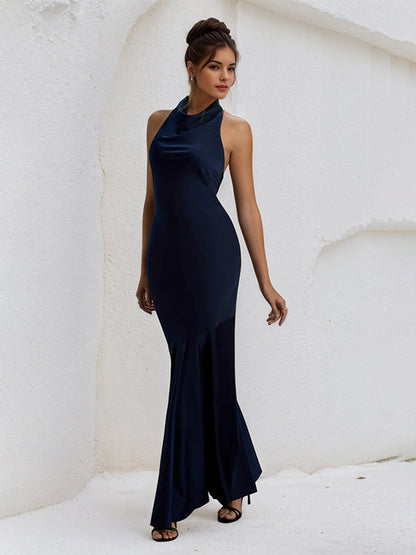 Halter Neck Bow Detail Satin Maxi Formal Bridesmaid Dress