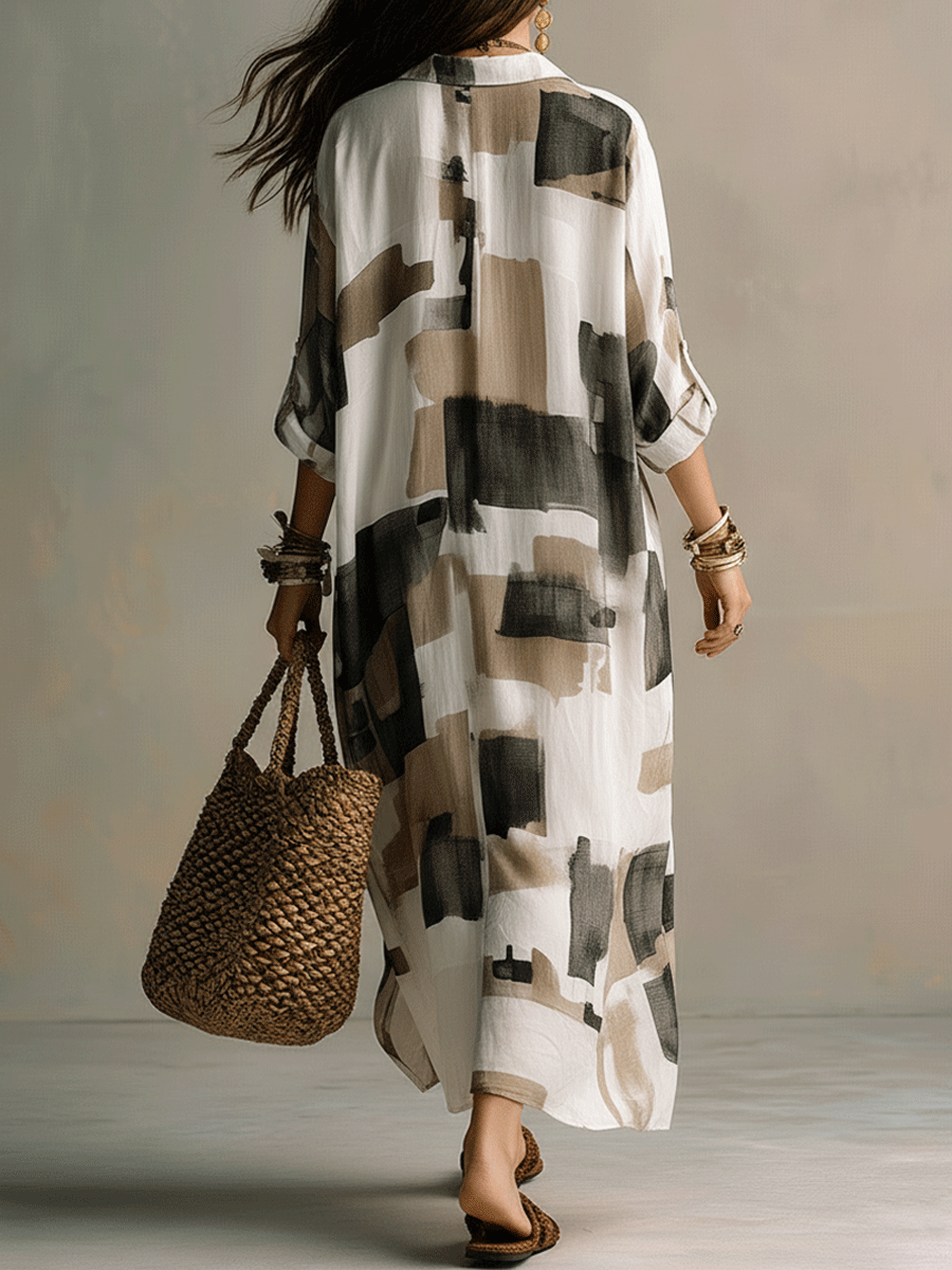 Abstract Print Button Front Boho Spring Maxi Dress