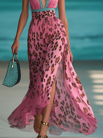 Conty | Pink Leopard Print Chiffon Beach Spring Maxi Dress