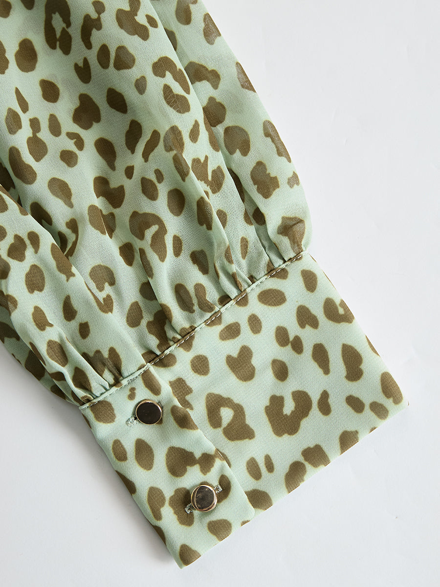 Fauna | Green Leopard Print Ruffle Chiffon Midi Sundress