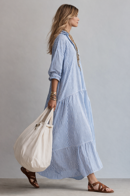 Blue Stripe Relaxed Shirt Vacation Maxi Dress