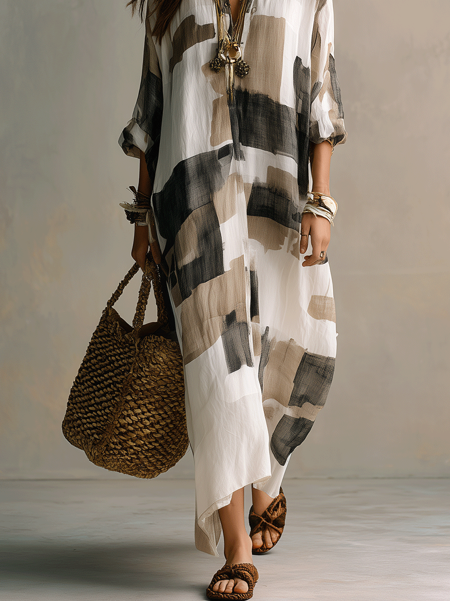 Abstract Print Button Front Boho Spring Maxi Dress