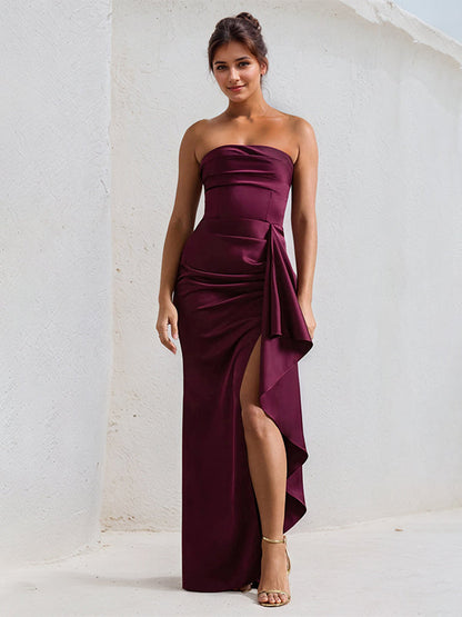 Claree | Off Shoulder Ruffle Sleeveless Satin Formal Bridesmaid Dress