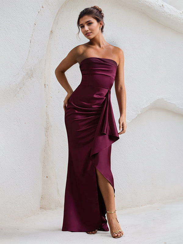 Claree | Off Shoulder Ruffle Sleeveless Satin Formal Bridesmaid Dress