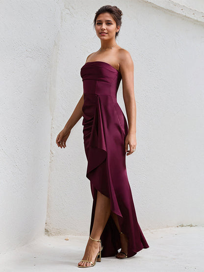 Claree | Off Shoulder Ruffle Sleeveless Satin Formal Bridesmaid Dress