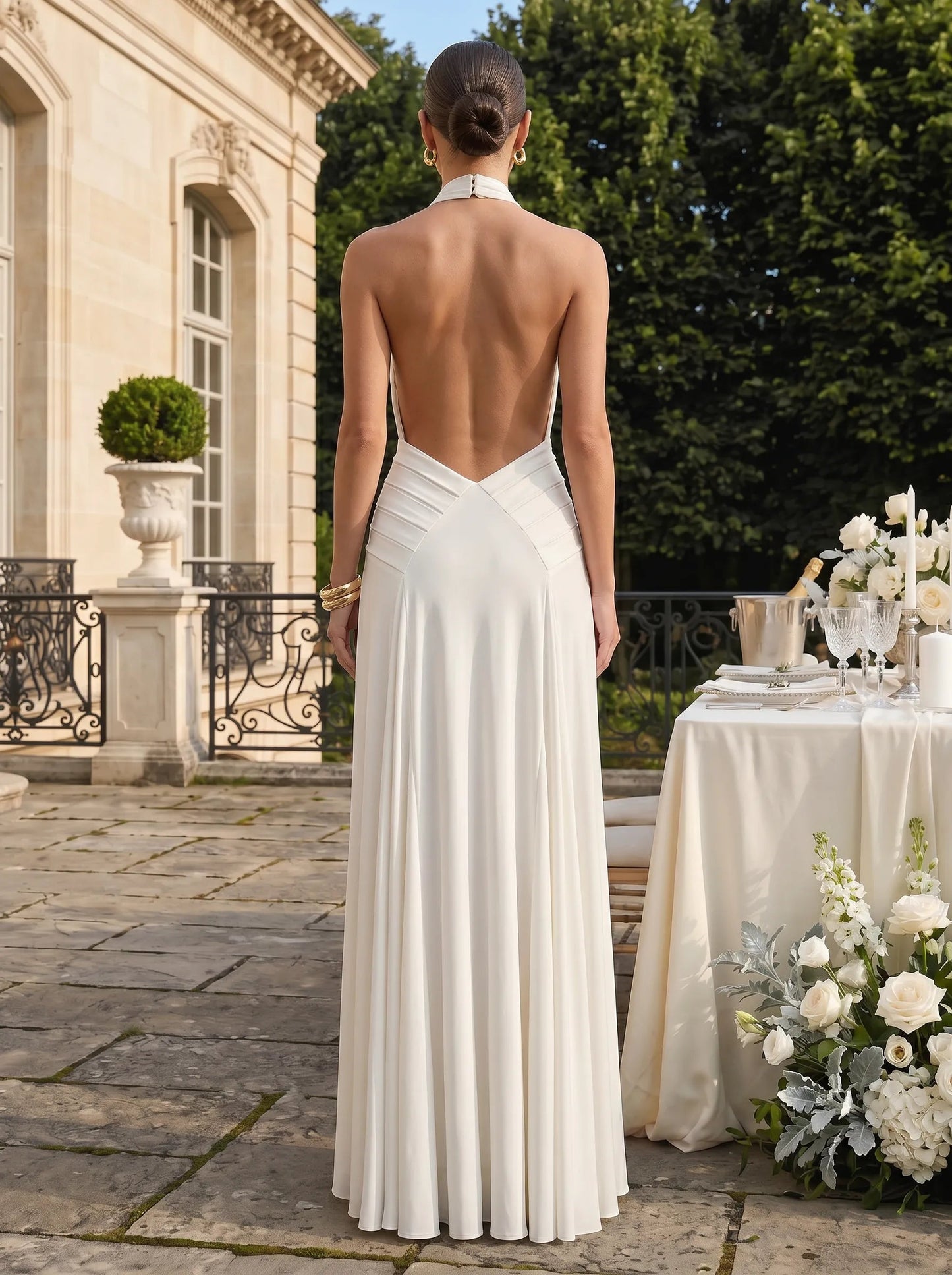 Halter Neck Crossed Bodice Ruched Satin Bridesmaid Dress