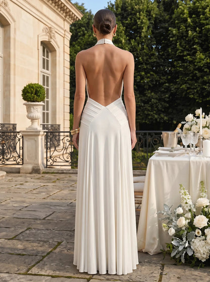 Halter Neck Crossed Bodice Ruched Satin Bridesmaid Dress