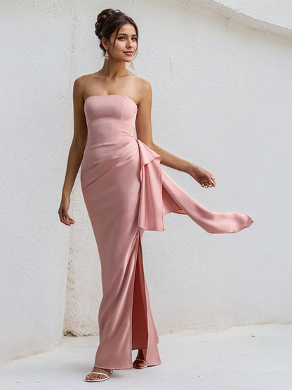 Corl | Off Shoulder Ruffle High Slit Satin Formal Bridesmaid Dress