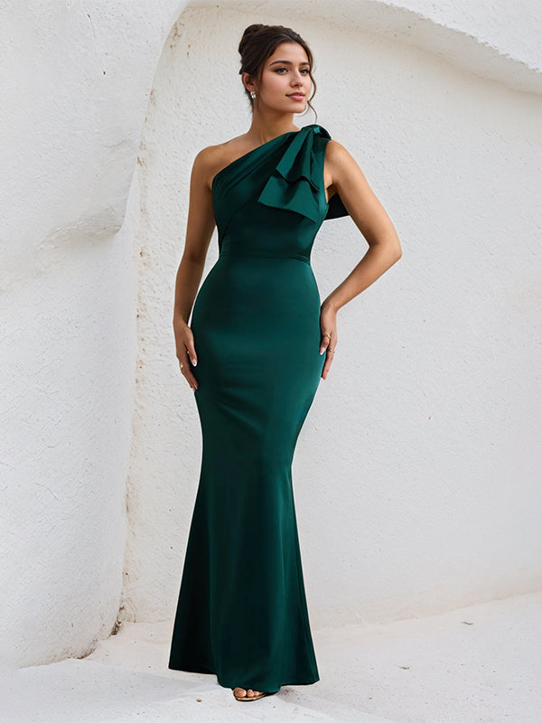 One Shoulder Green Bow Detail Satin Maxi Formal Bridesmaid Dress