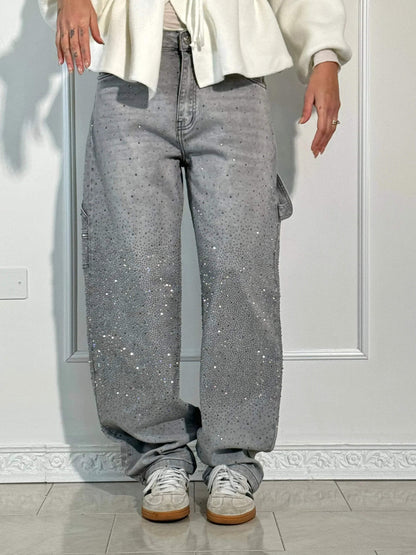 Seraphina | Crystal Embellished High Waisted Straight Leg Jeans