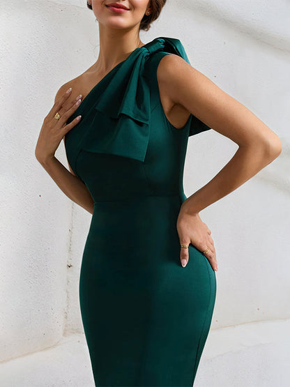 One Shoulder Green Bow Detail Satin Maxi Formal Bridesmaid Dress