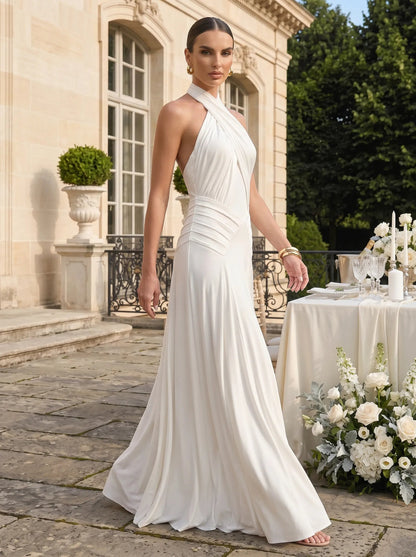 Halter Neck Crossed Bodice Ruched Satin Bridesmaid Dress
