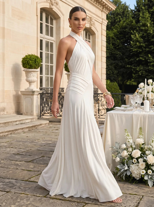 Halter Neck Crossed Bodice Ruched Satin Bridesmaid Dress