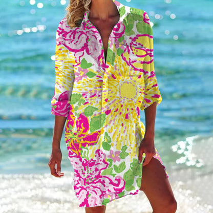 Coralie | Tropical Print T-Shirt Beach Vacation Cover Up Dress
