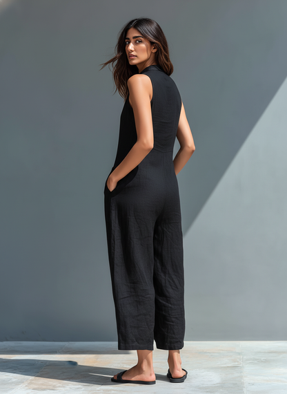 Sleeveless High Neck Button Front Summer Jumpsuit