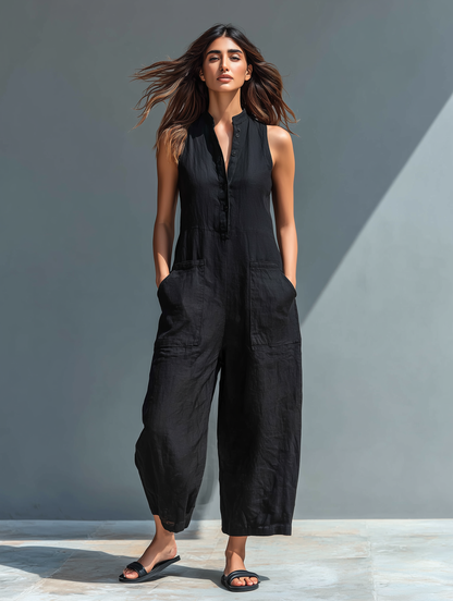 Sleeveless High Neck Button Front Summer Jumpsuit